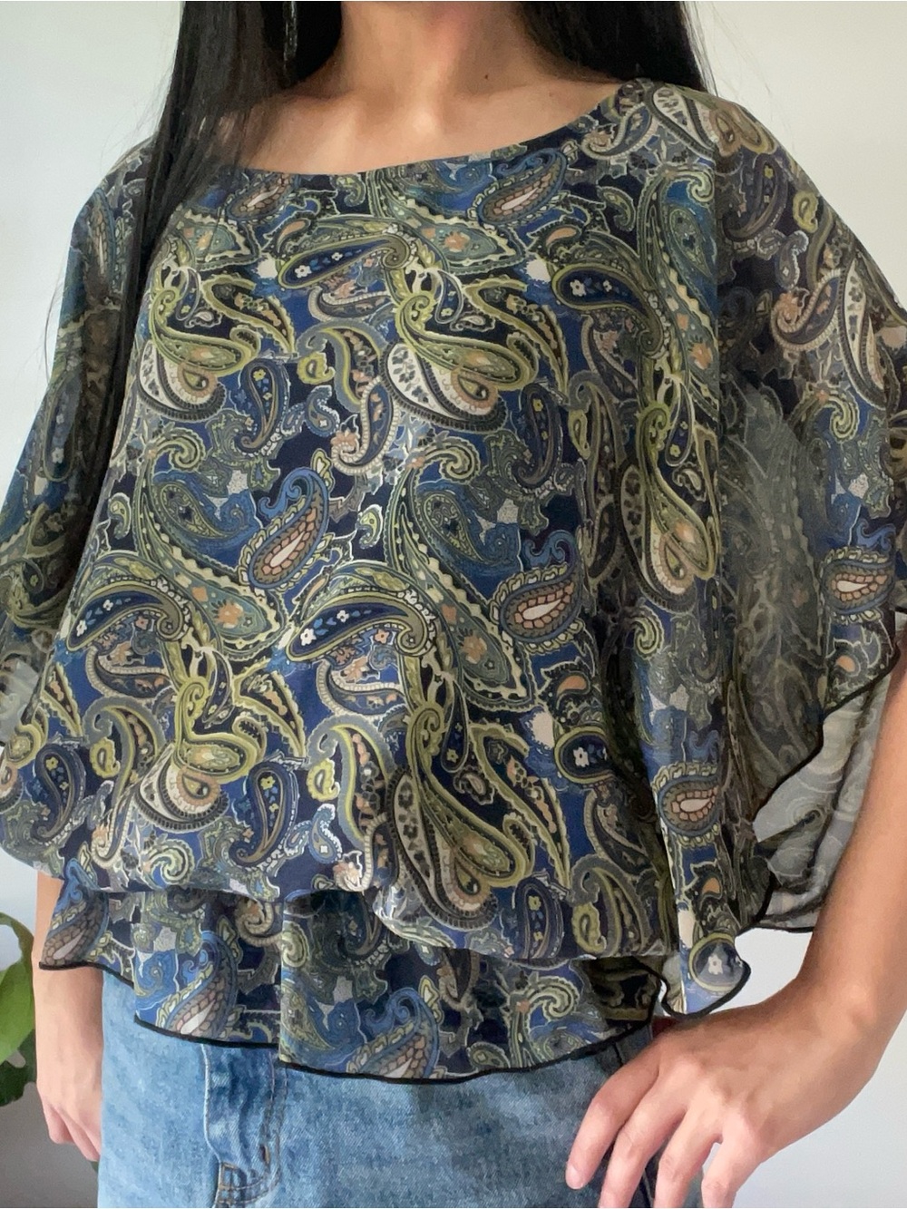 Paisley Chiffon Cape Poncho Blouse - Blue/Green Boho Festival Fairy